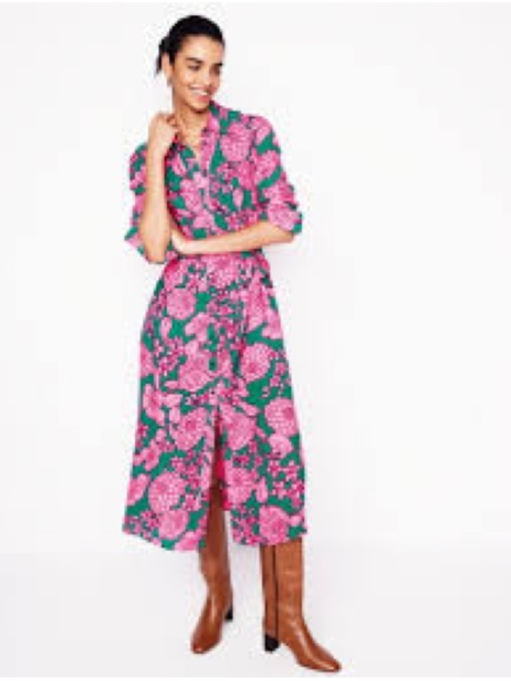 Boden Pink and Green Floral Shirt-Collar Midi Dress